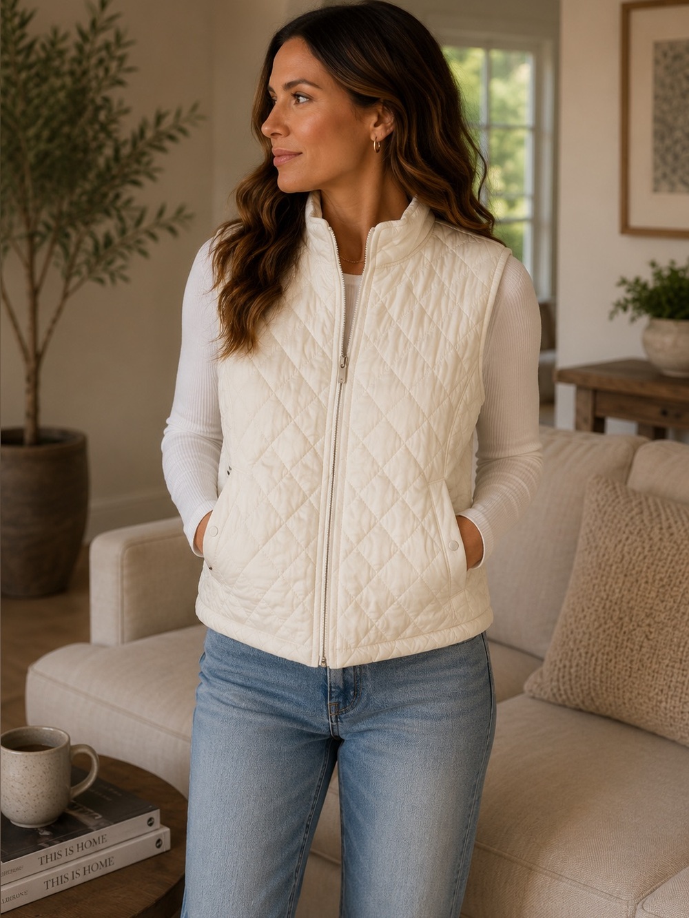 Cream Quilted Vest Diamond Stitch Funnel Neck Lightweight Preppy IZOD XL